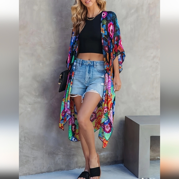 *Women's Floral Print Cover Up- Kimono / Multi Colored - Picture 2 of 3